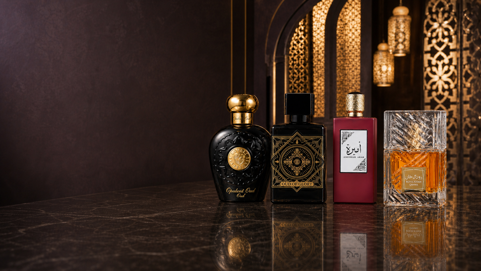 A selection of Lovali Arabic fragrances in a rich aubergine setting