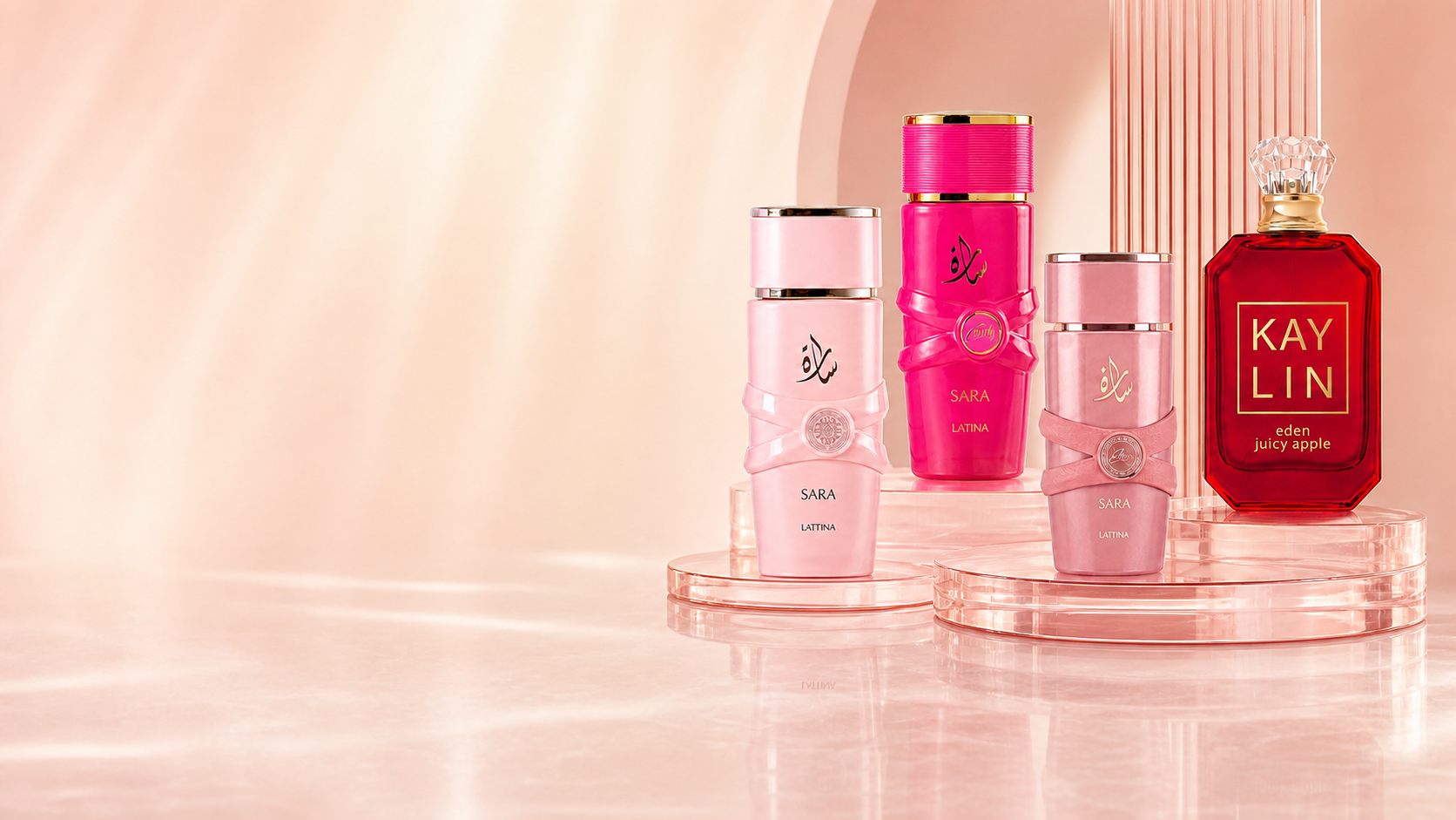 A playful selection of sweet Lovali fragrances in blush pink